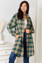 Mandy Plaid Collared Neck Long Sleeve Shirt Dark Green OutfitFlow
